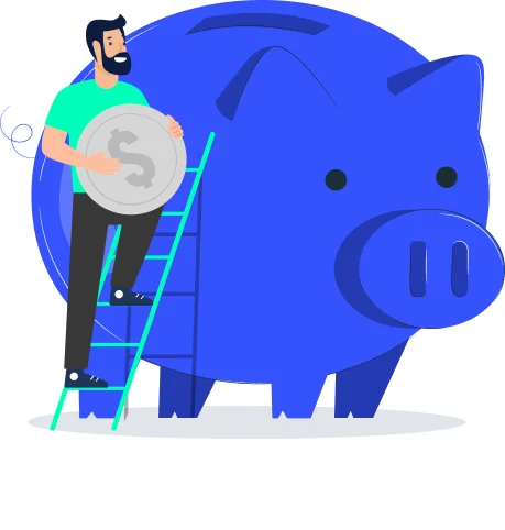 Persona subiendo una escalera para depositar una moneda en una alcancía gigante en forma de cerdito, simbolizando ahorro e inversión