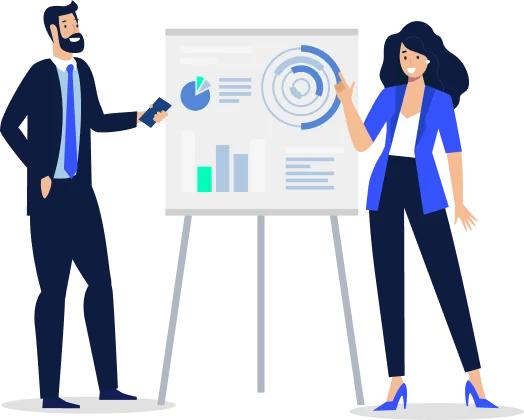 Inversión Fideval - Dos profesionales discutiendo gráficos financieros en una presentación, representando análisis de inversiones y rendimiento de fondos en un entorno corporativo y objetivos